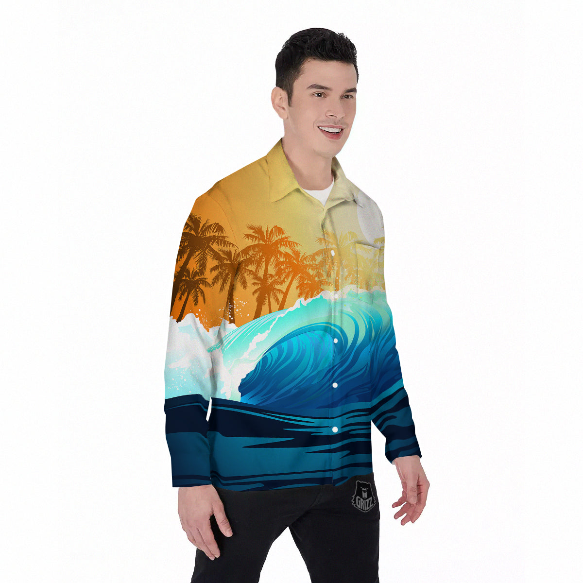 Sunrise Tropical Surfing Wave Print Men's Long Sleeve Shirts-grizzshop