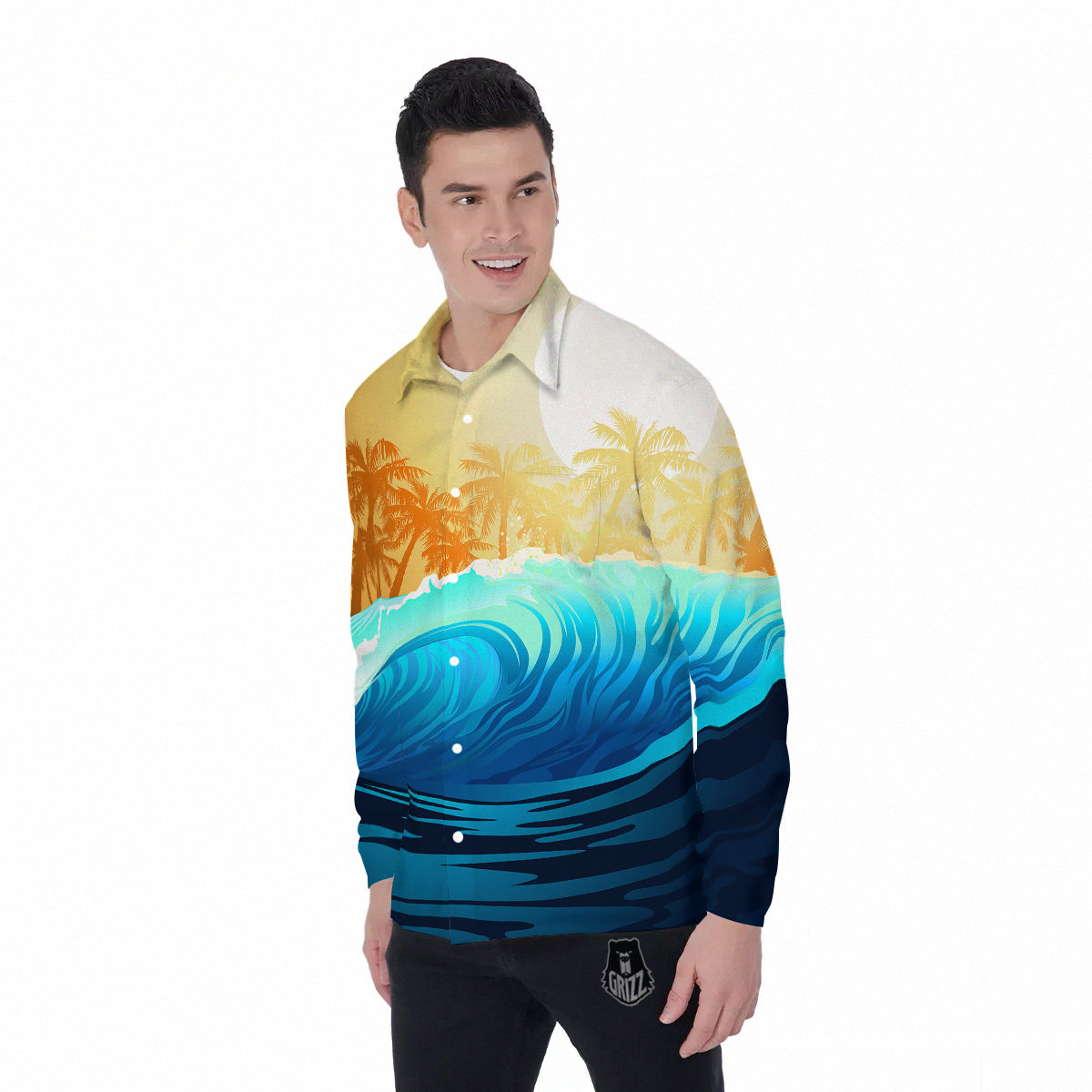 Sunrise Tropical Surfing Wave Print Men's Long Sleeve Shirts-grizzshop