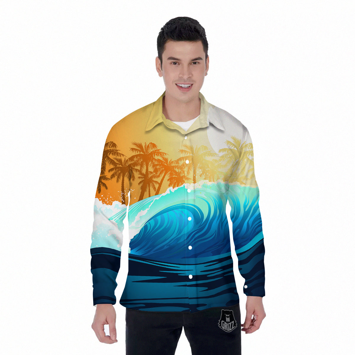 Sunrise Tropical Surfing Wave Print Men's Long Sleeve Shirts-grizzshop
