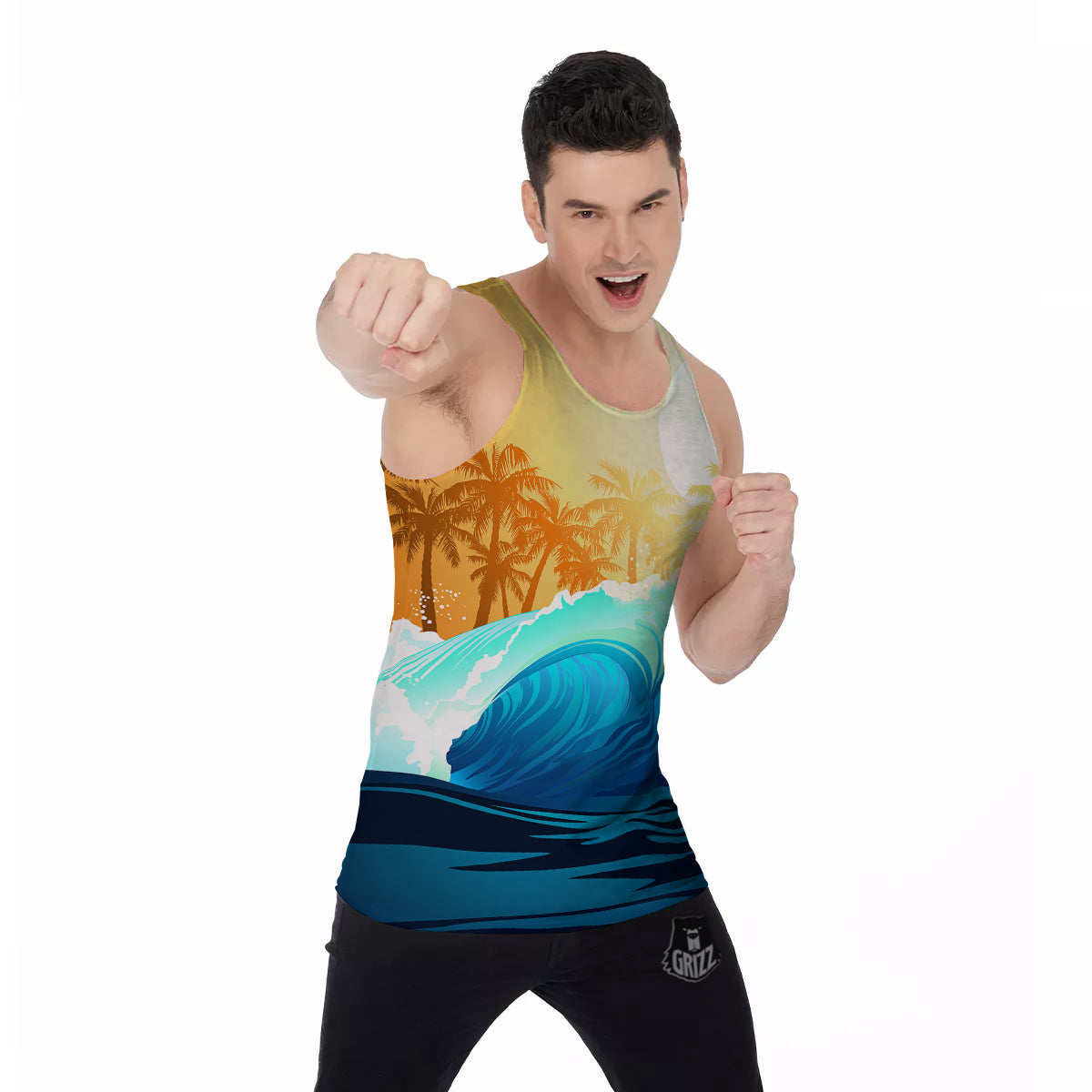 Sunrise Tropical Surfing Wave Print Men's Tank Top-grizzshop