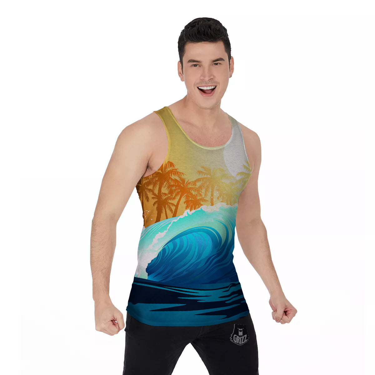 Sunrise Tropical Surfing Wave Print Men's Tank Top-grizzshop
