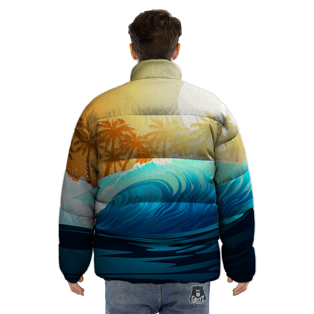 Sunrise Tropical Surfing Wave Print Puffer Jacket-grizzshop