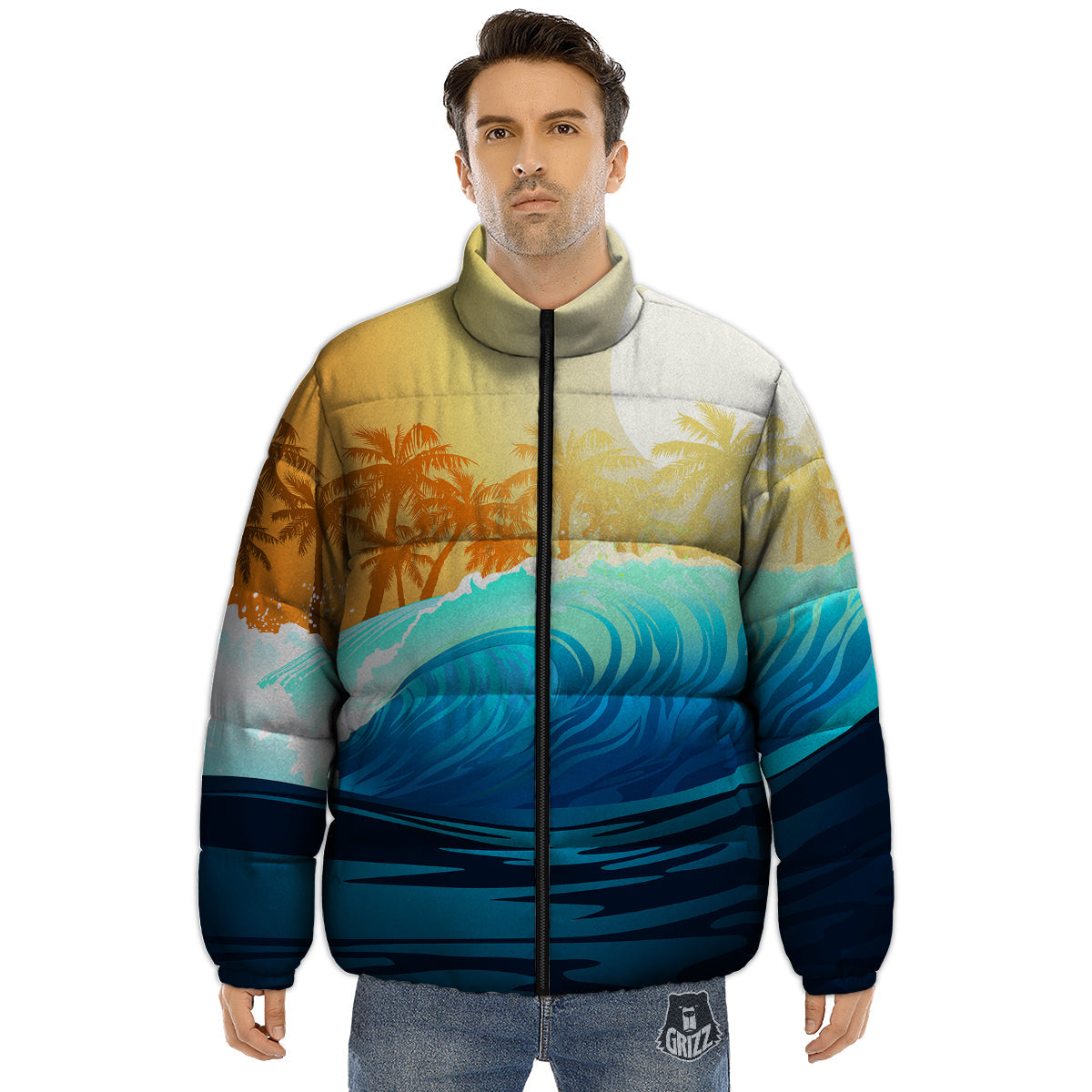 Sunrise Tropical Surfing Wave Print Puffer Jacket-grizzshop