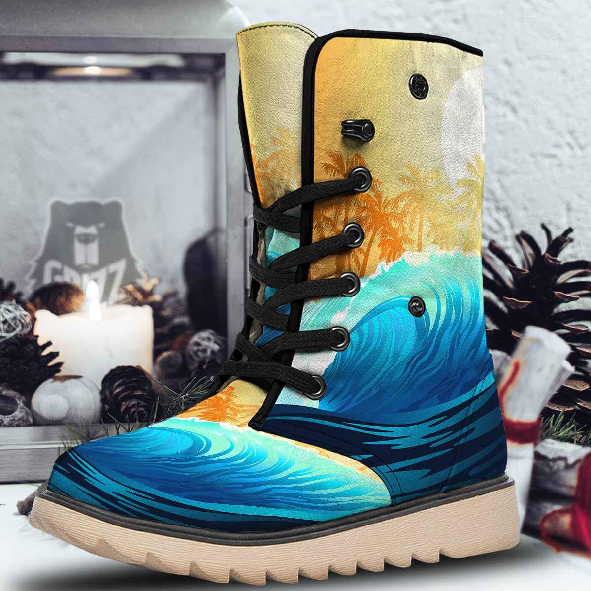 Sunrise Tropical Surfing Wave Print Snow Boots-grizzshop