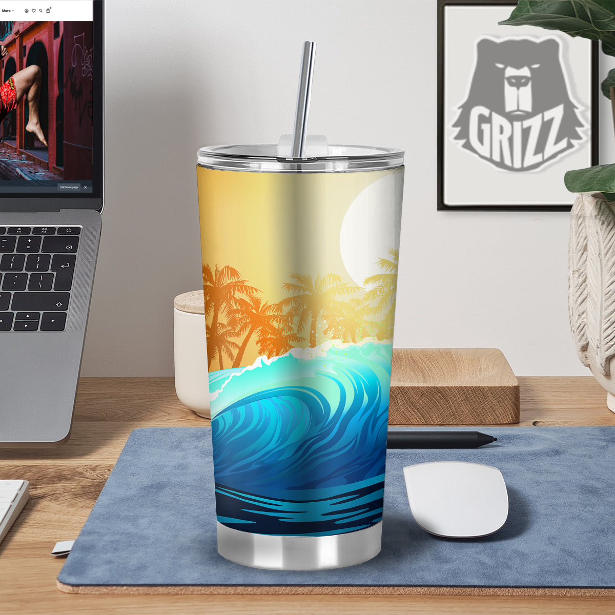 Sunrise Tropical Surfing Wave Print Tumbler-grizzshop