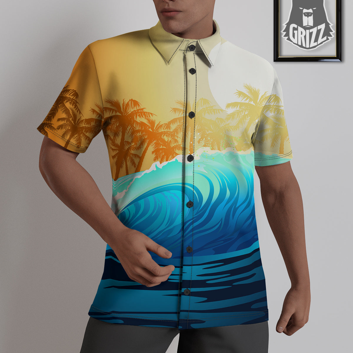 Sunrise Tropical Surfing Wave Print Untucked Shirts-grizzshop