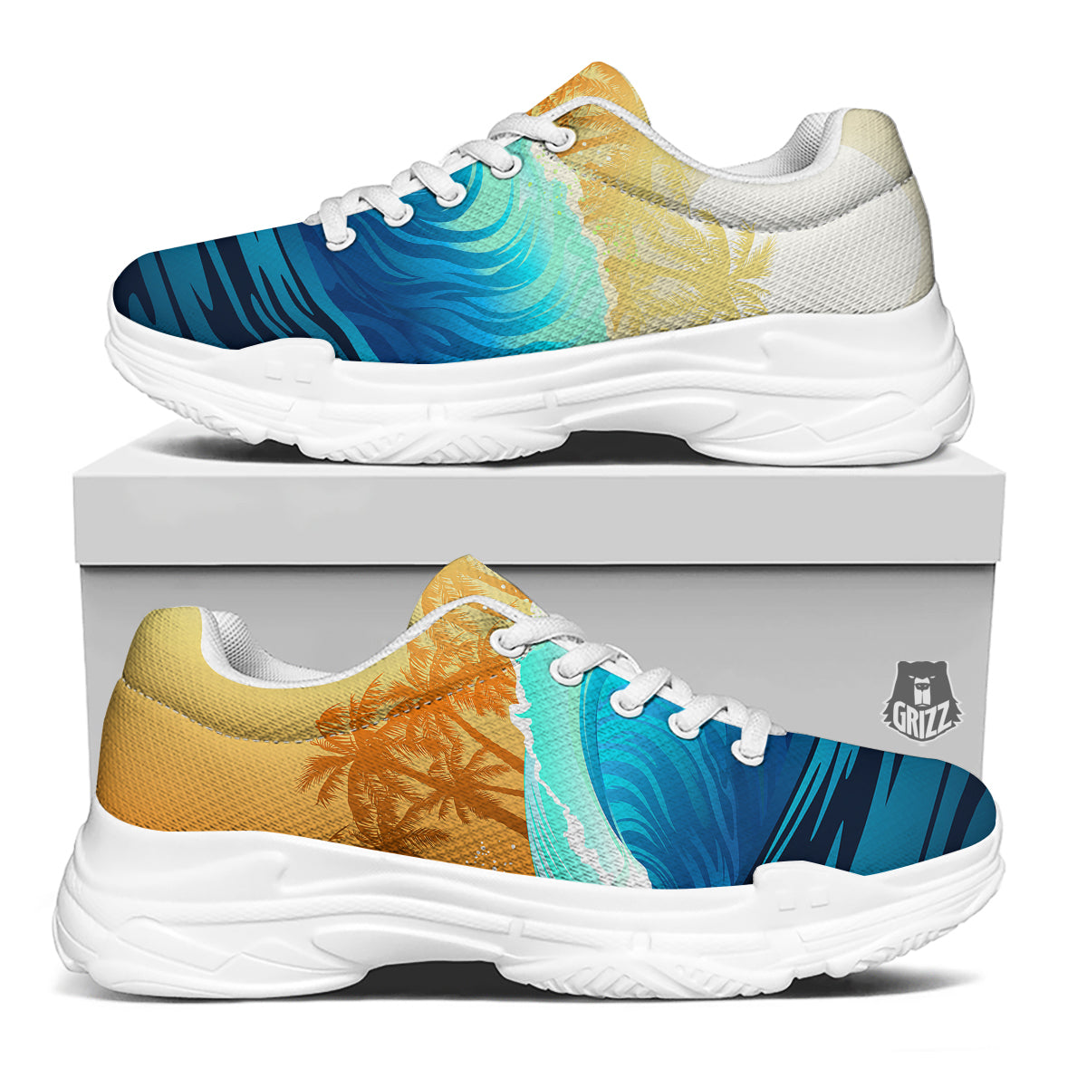 Sunrise Tropical Surfing Wave Print White Chunky Shoes-grizzshop