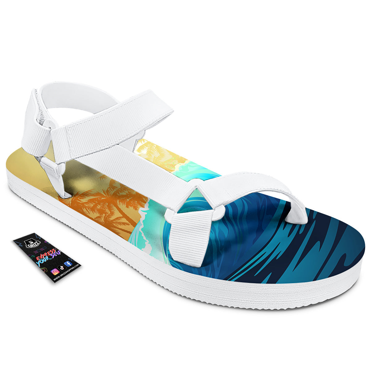 Sunrise Tropical Surfing Wave Print White Open Toe Sandals-grizzshop