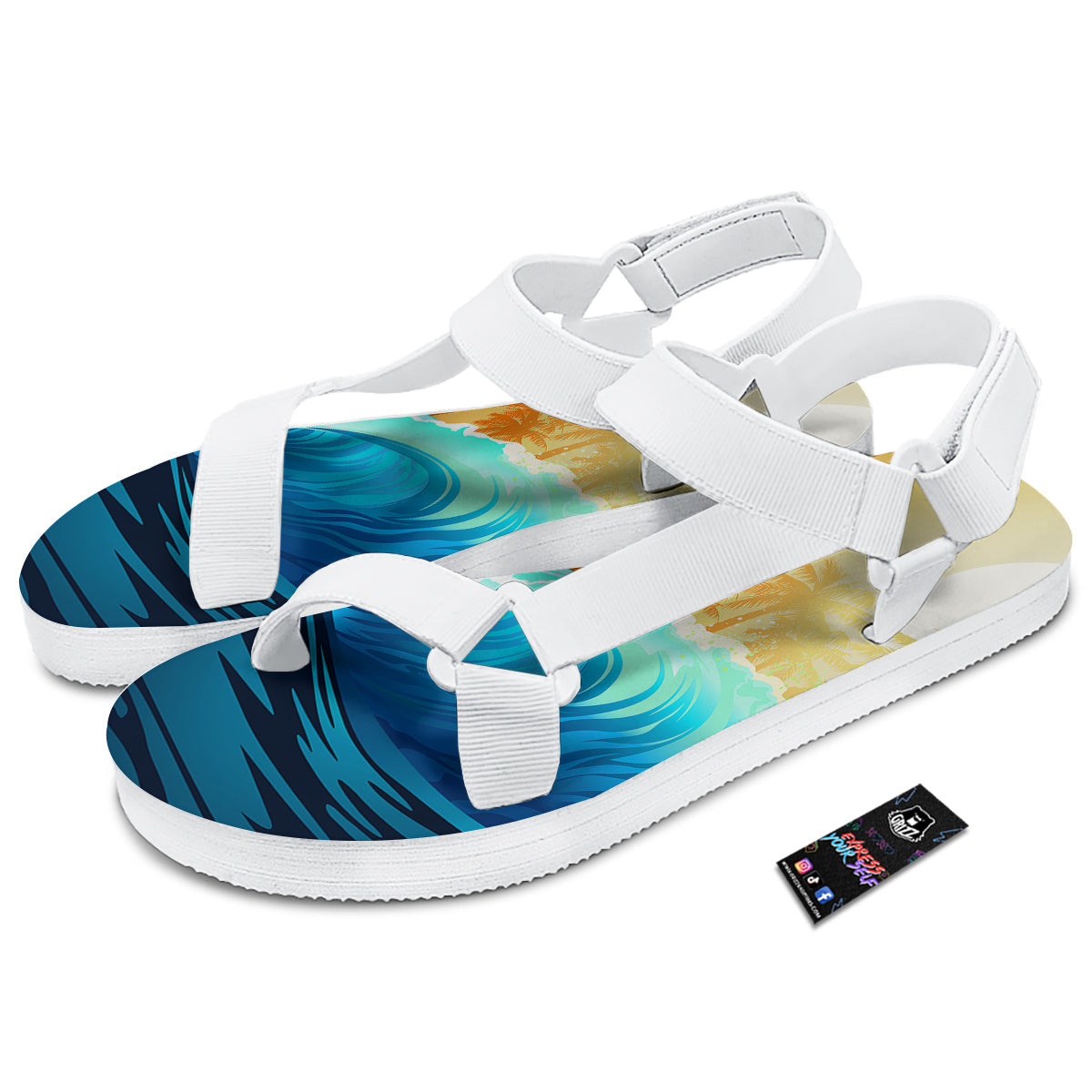 Sunrise Tropical Surfing Wave Print White Open Toe Sandals-grizzshop