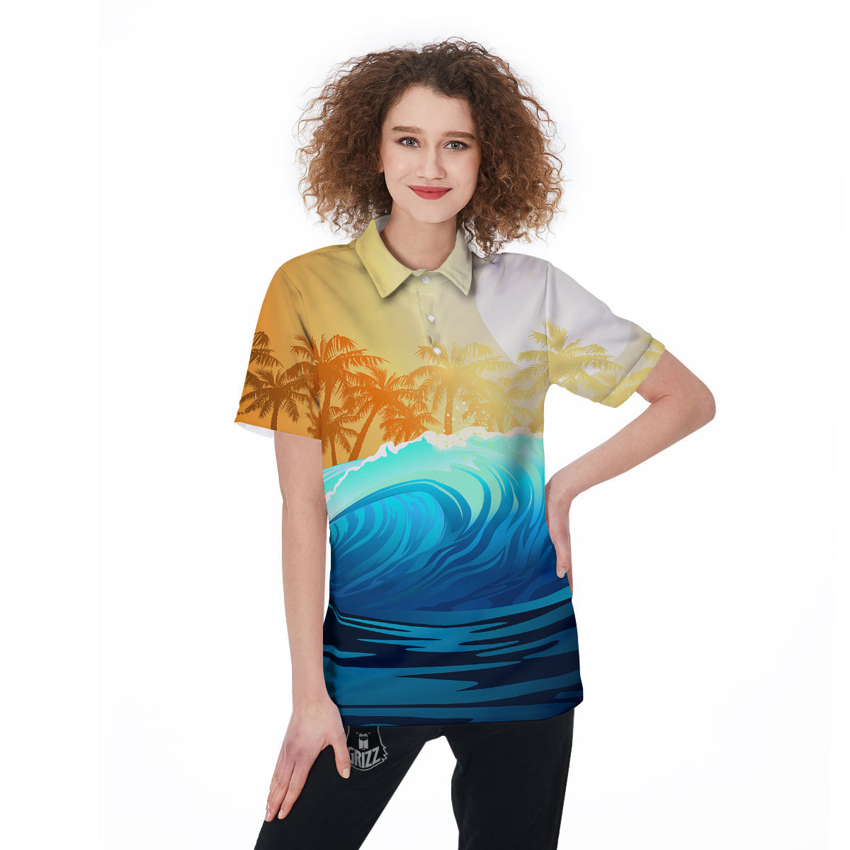 Sunrise Tropical Surfing Wave Print Women's Golf Shirts-grizzshop