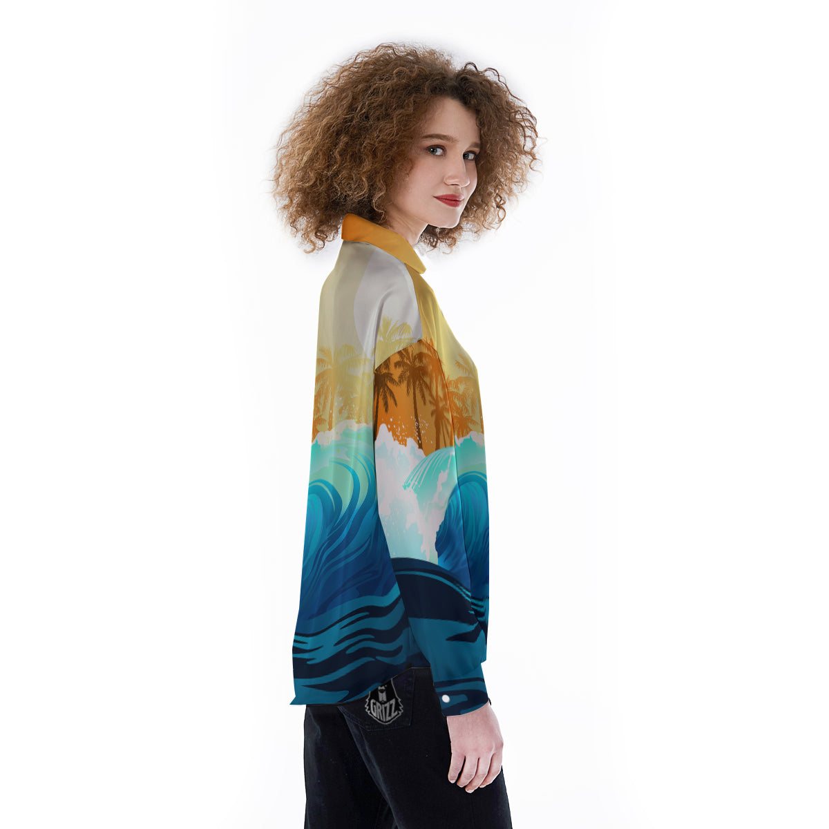 Sunrise Tropical Surfing Wave Print Women's Long Sleeve Shirts-grizzshop