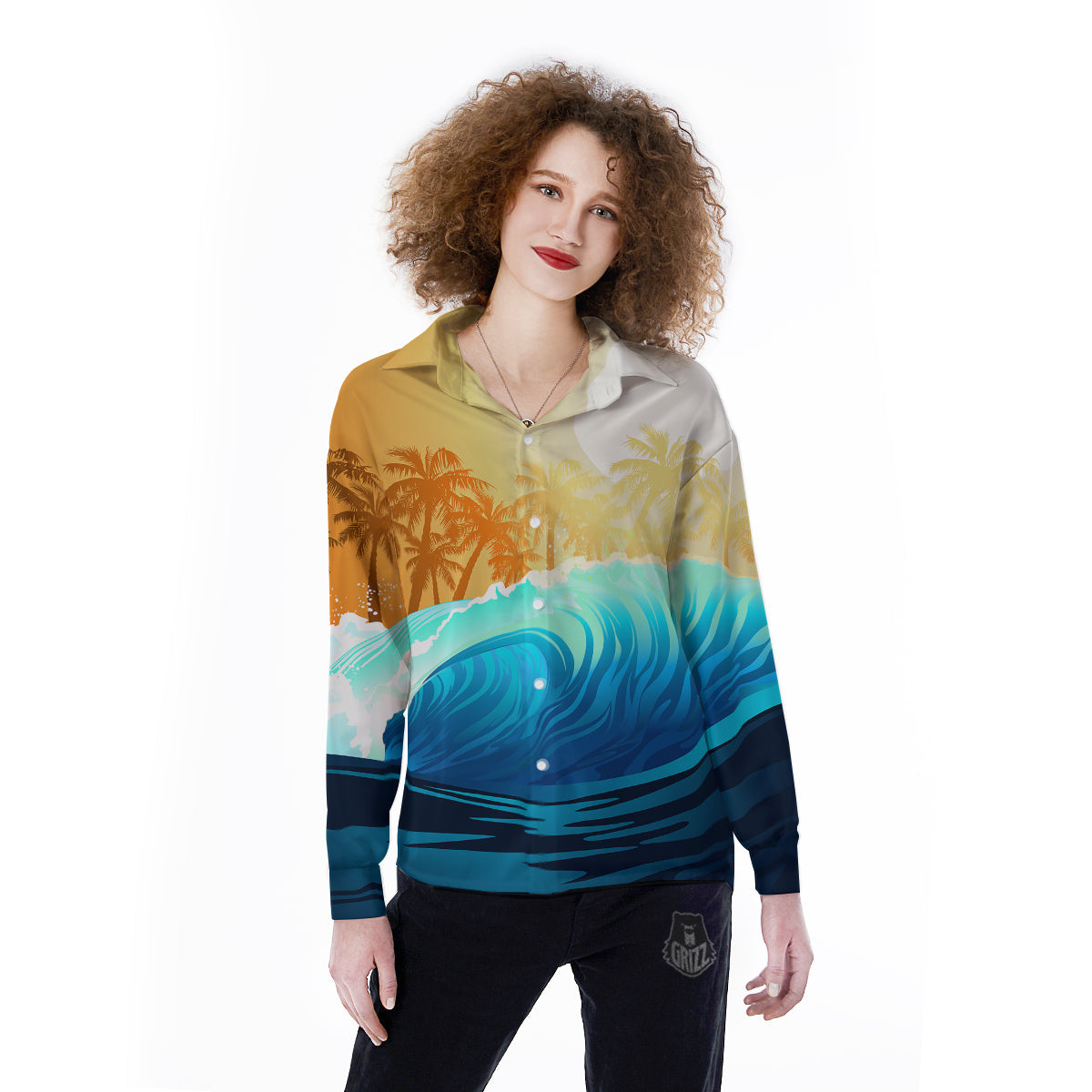 Sunrise Tropical Surfing Wave Print Women's Long Sleeve Shirts-grizzshop