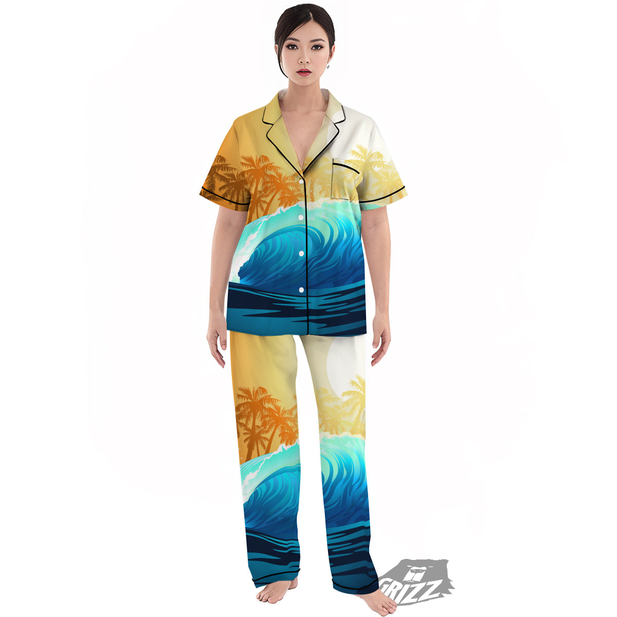 Sunrise Tropical Surfing Wave Print Women's Pajamas Set-grizzshop
