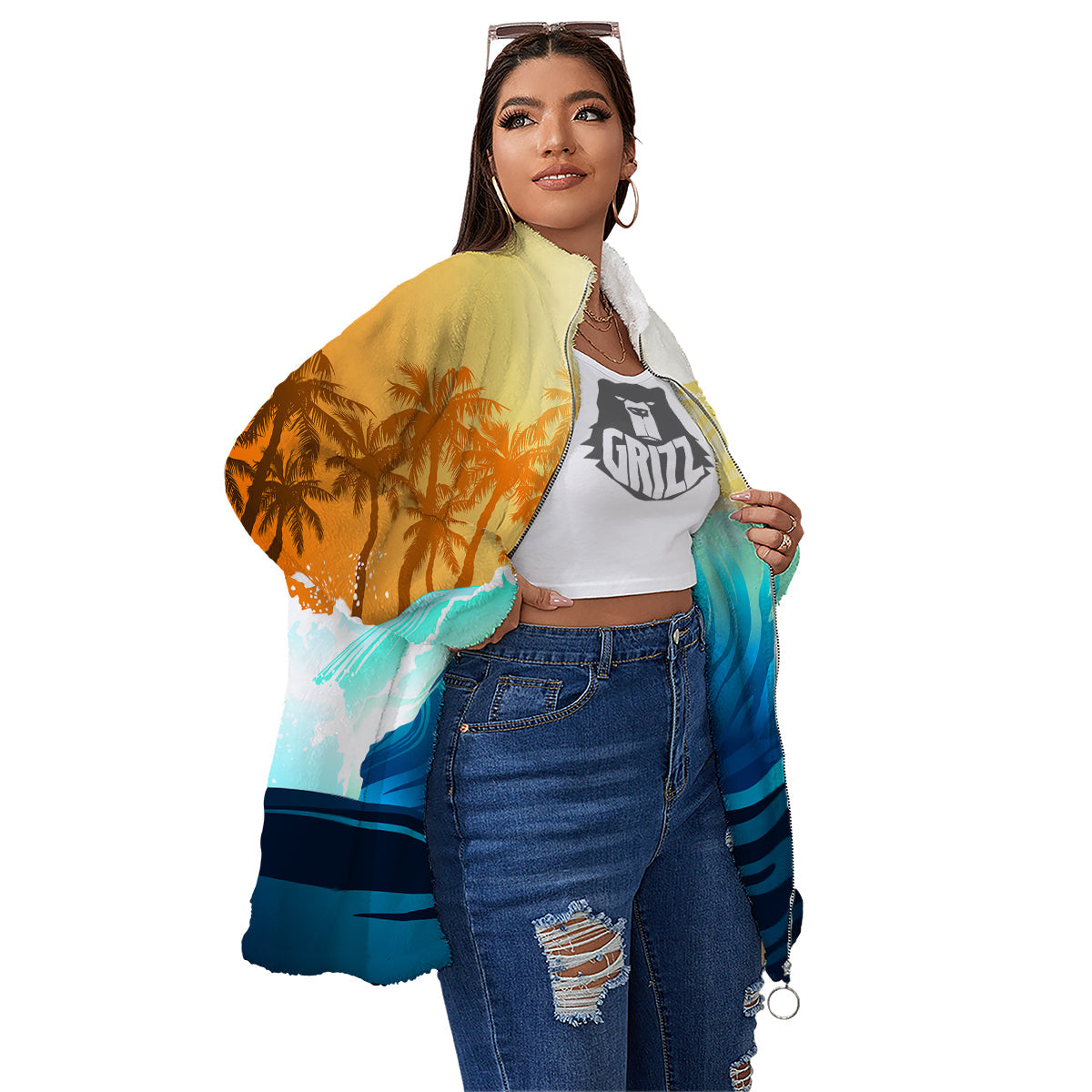 Sunrise Tropical Surfing Wave Print Women's Sherpa Jacket-grizzshop