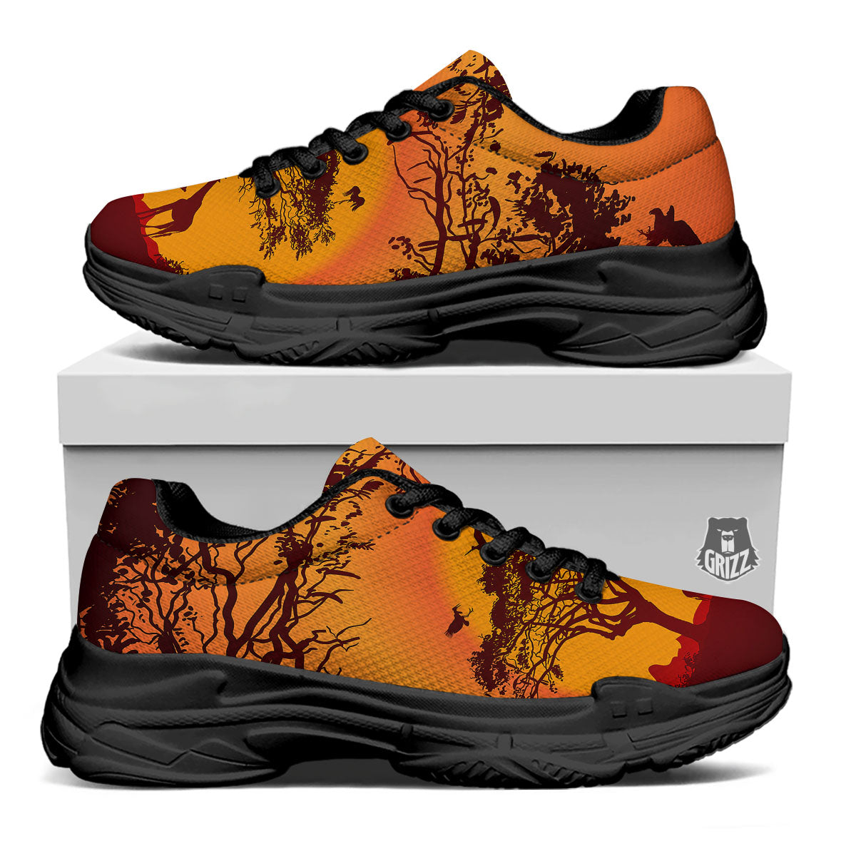 Sunset African Savanna Print Black Chunky Shoes-grizzshop