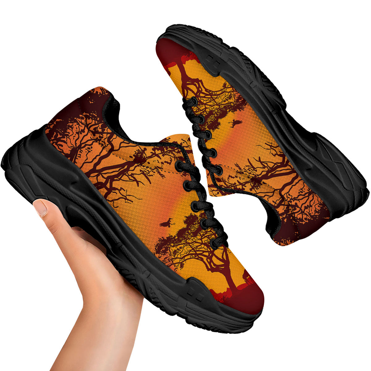 Sunset African Savanna Print Black Chunky Shoes-grizzshop