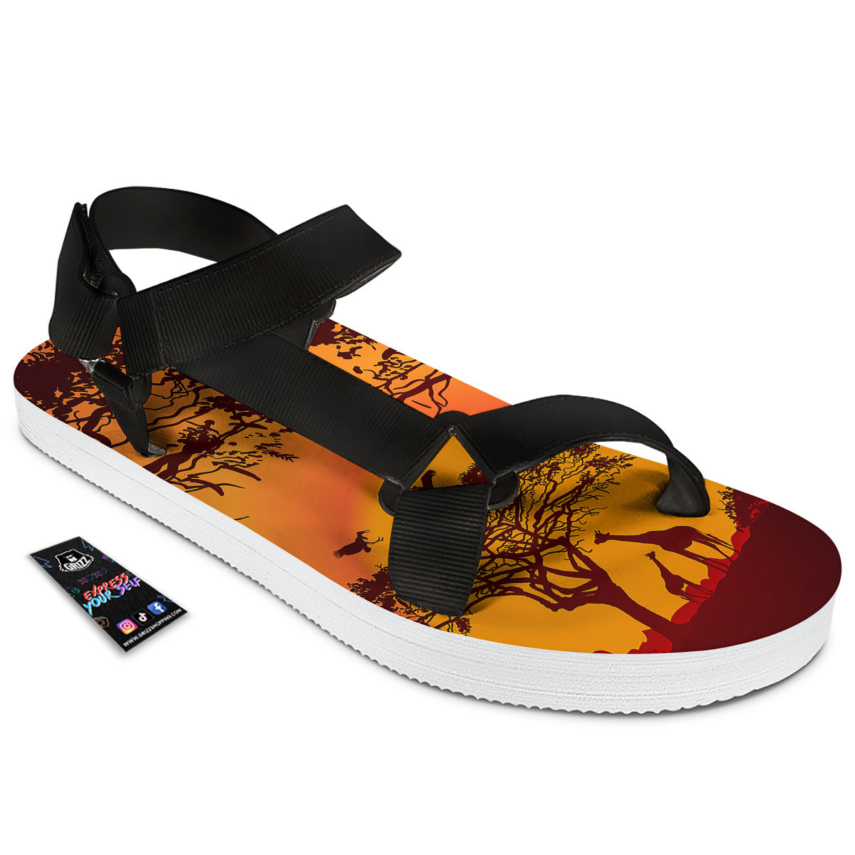 Sunset African Savanna Print Black Open Toe Sandals-grizzshop