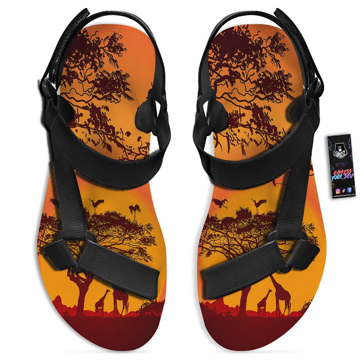 Sunset African Savanna Print Black Open Toe Sandals-grizzshop