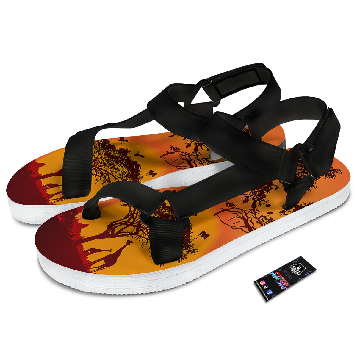 Sunset African Savanna Print Black Open Toe Sandals-grizzshop