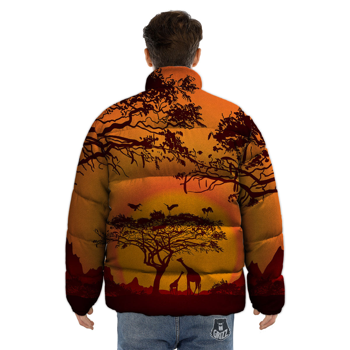 Sunset African Savanna Print Puffer Jacket-grizzshop