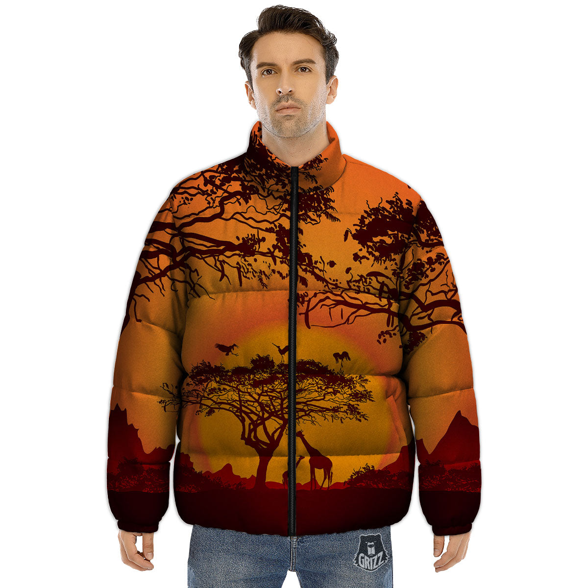 Sunset African Savanna Print Puffer Jacket-grizzshop