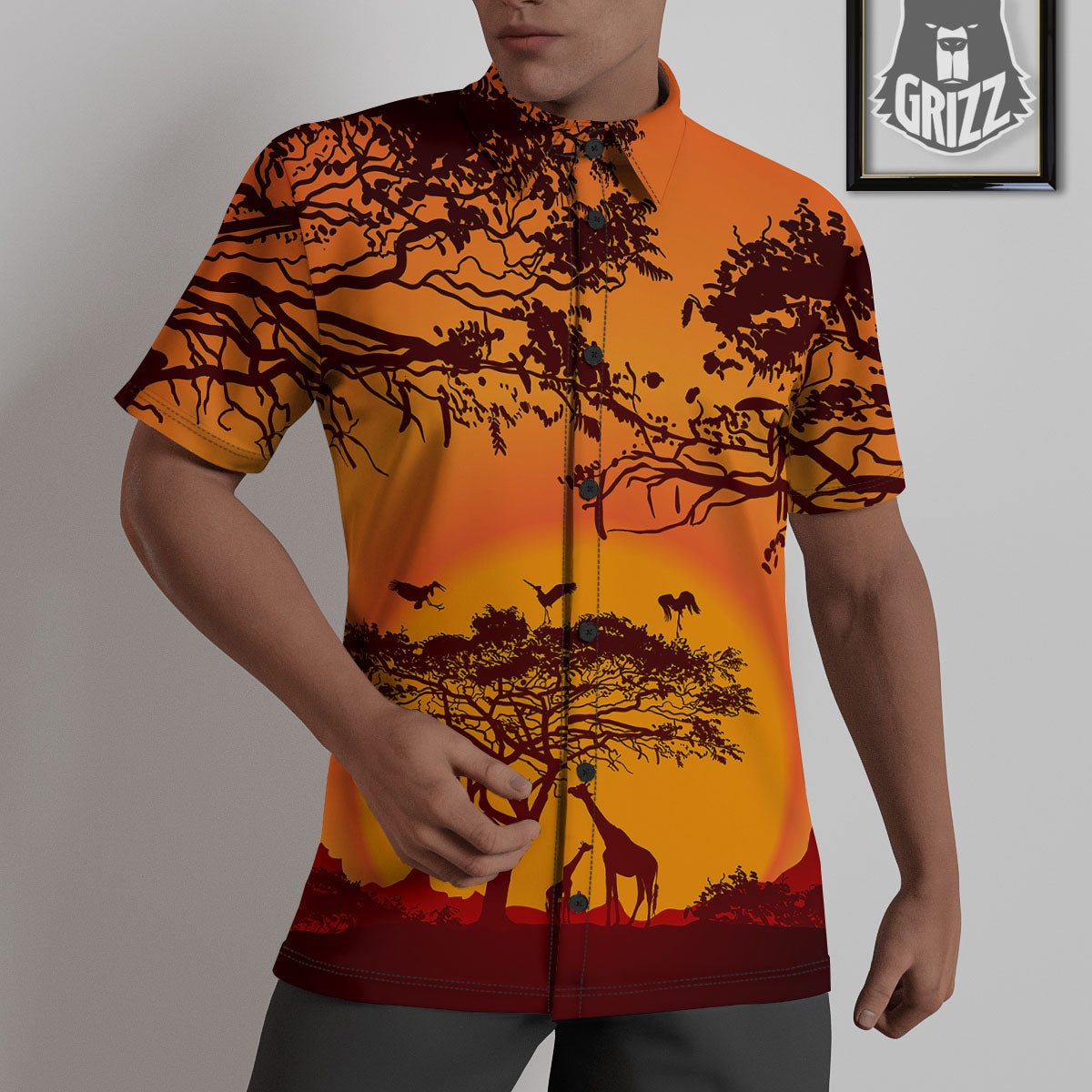 Sunset African Savanna Print Untucked Shirts-grizzshop