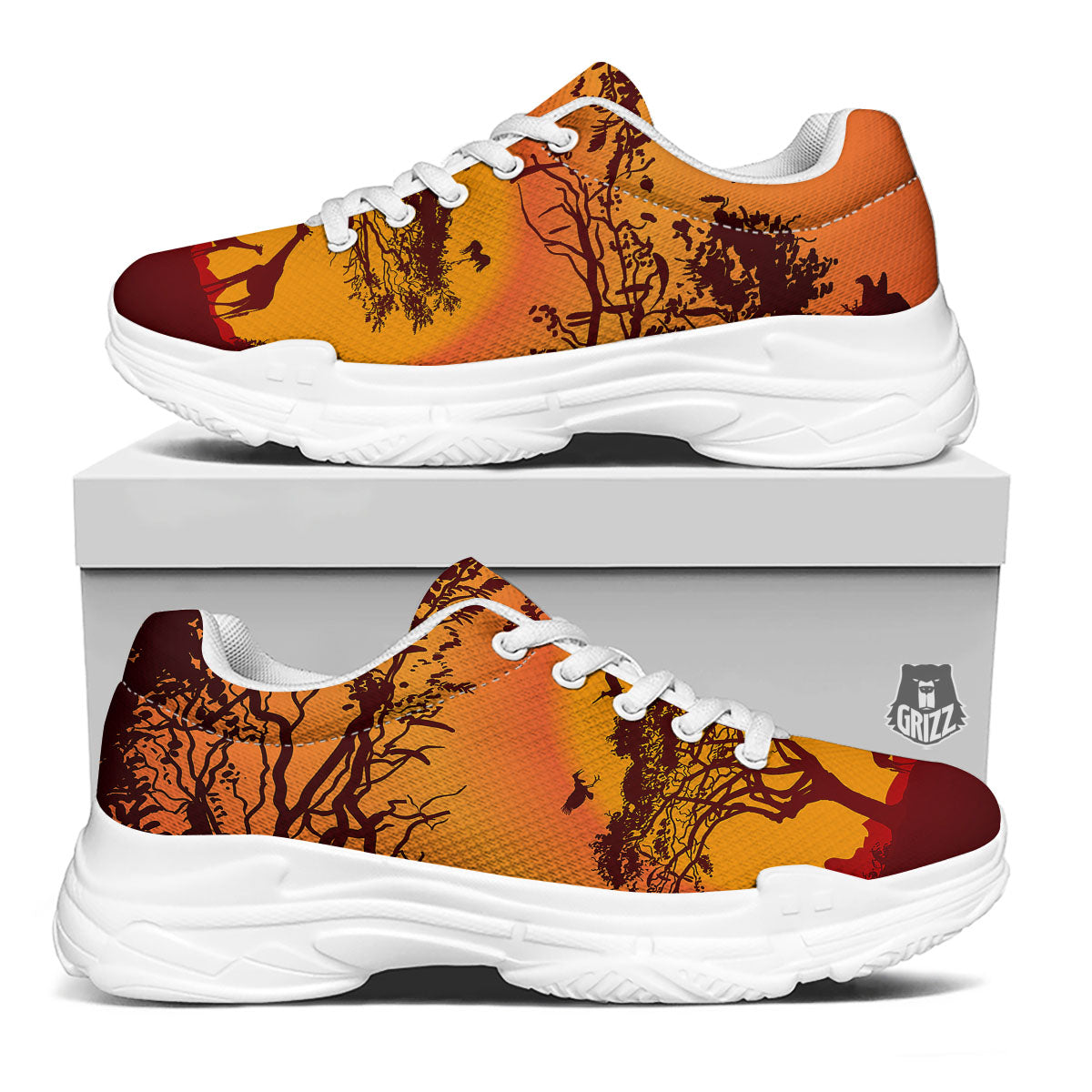 Sunset African Savanna Print White Chunky Shoes-grizzshop