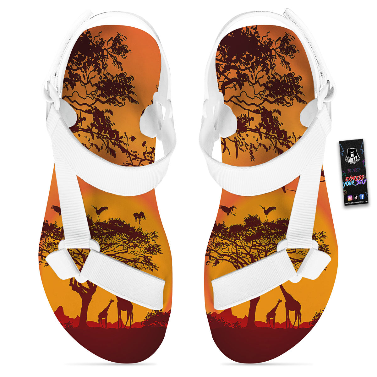 Sunset African Savanna Print White Open Toe Sandals-grizzshop