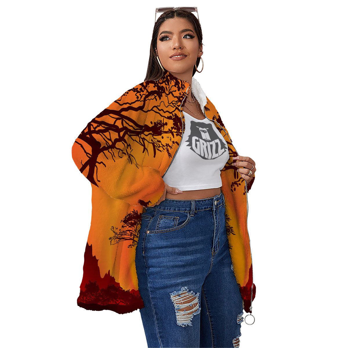 Sunset African Savanna Print Women's Sherpa Jacket-grizzshop