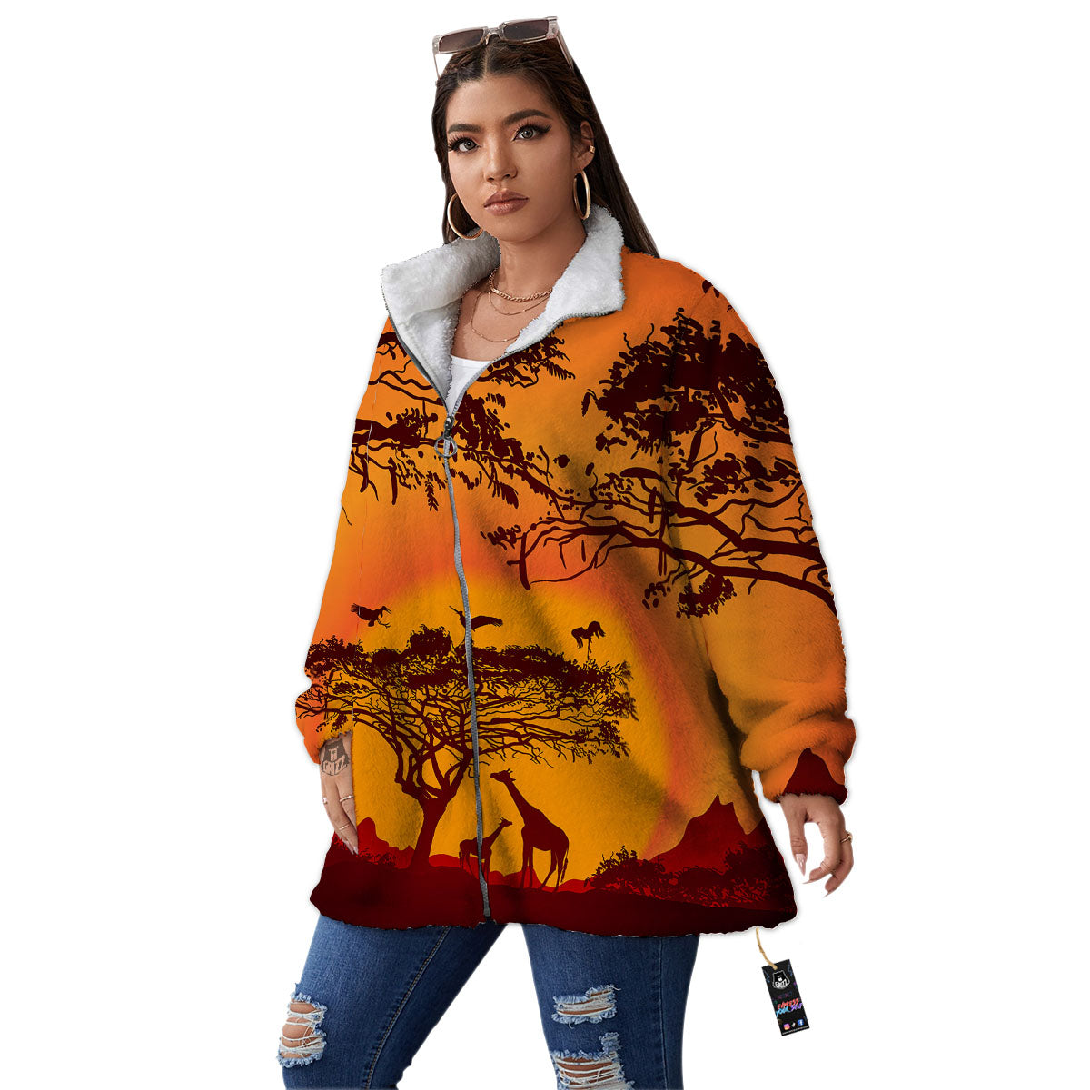 Sunset African Savanna Print Women's Sherpa Jacket-grizzshop