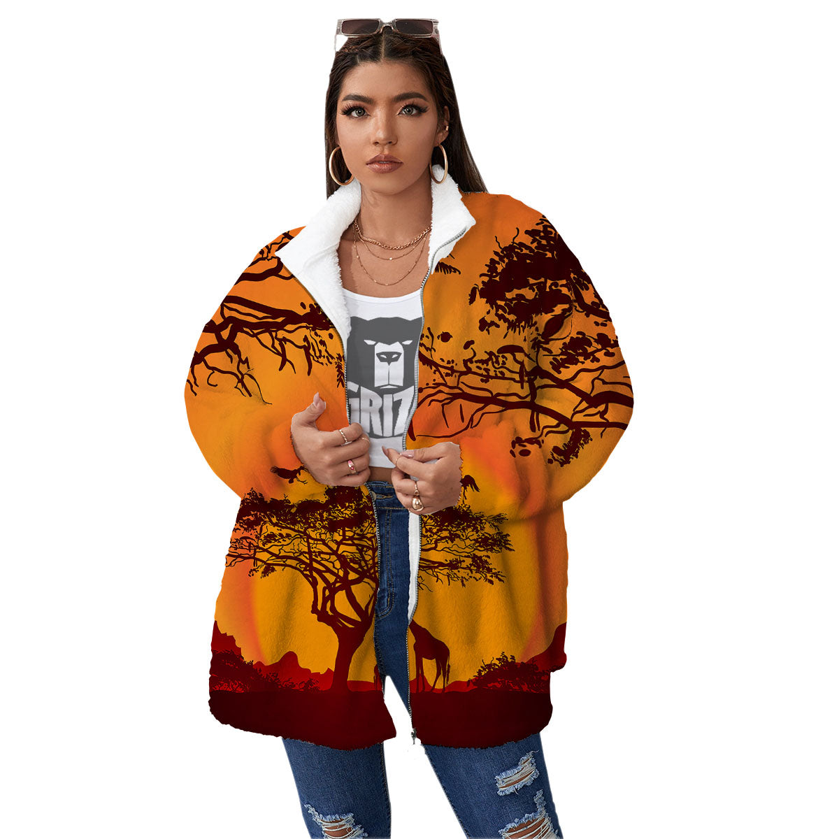 Sunset African Savanna Print Women's Sherpa Jacket-grizzshop