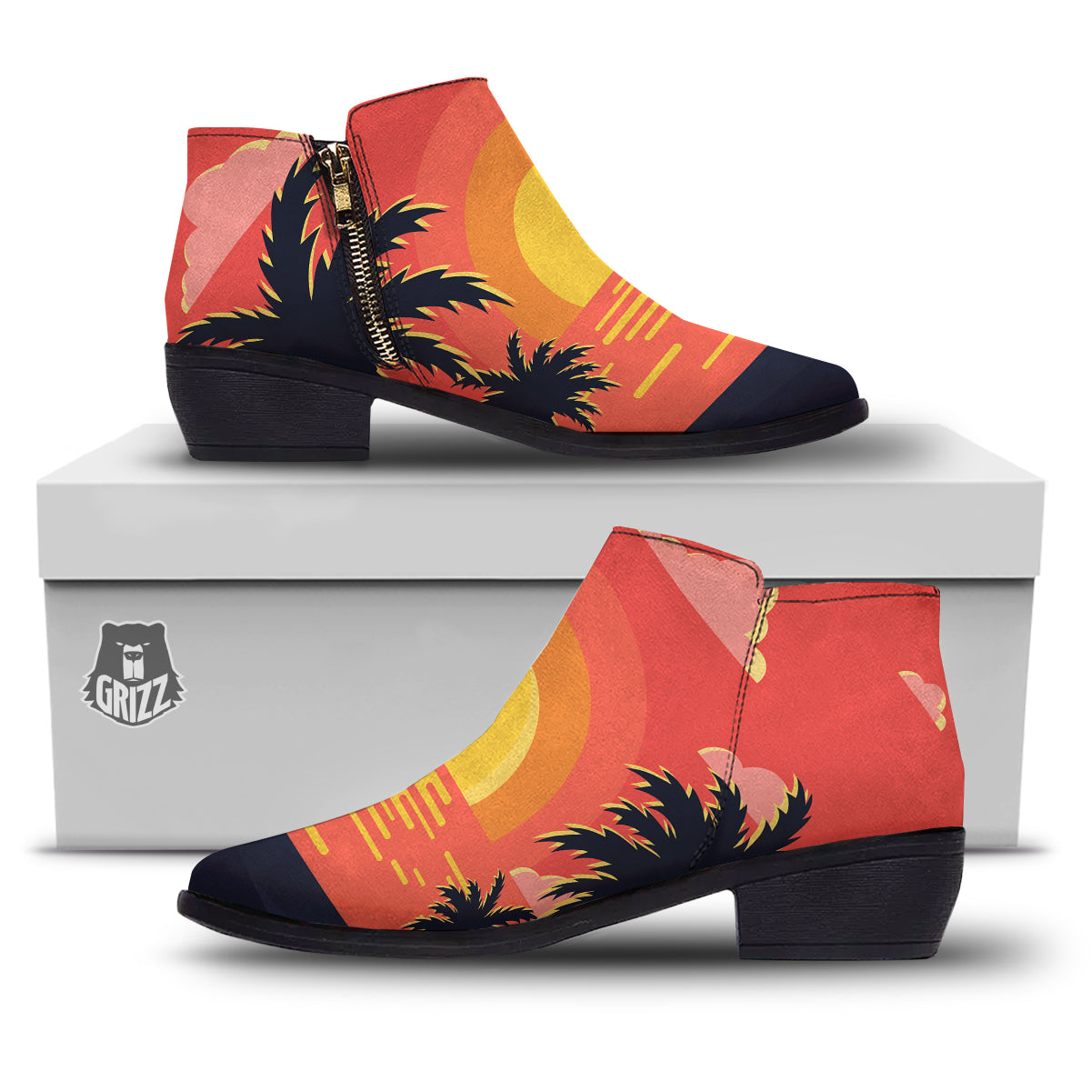 Sunset And Beach Pink Sky Print Ankle Boots-grizzshop