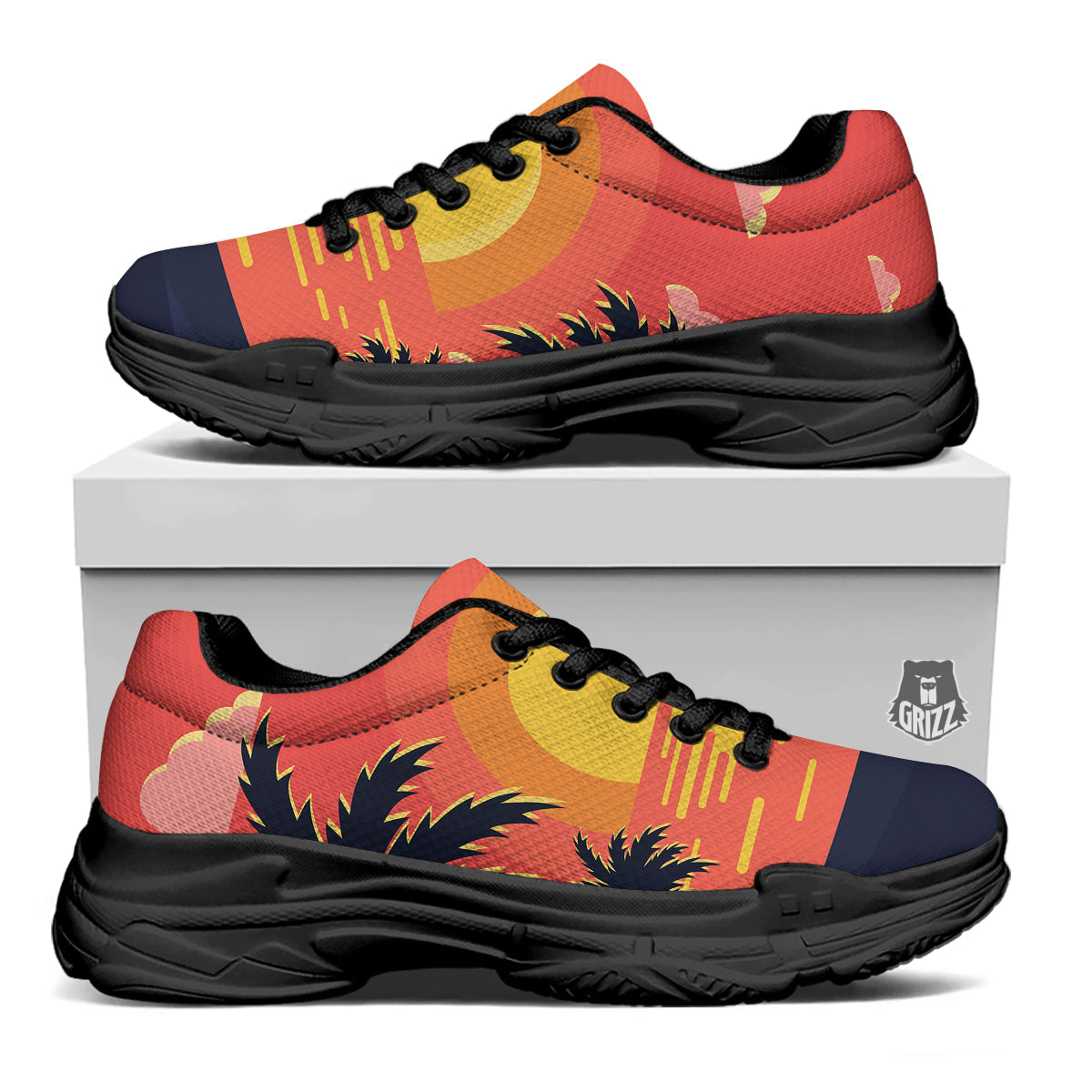 Sunset And Beach Pink Sky Print Black Chunky Shoes-grizzshop