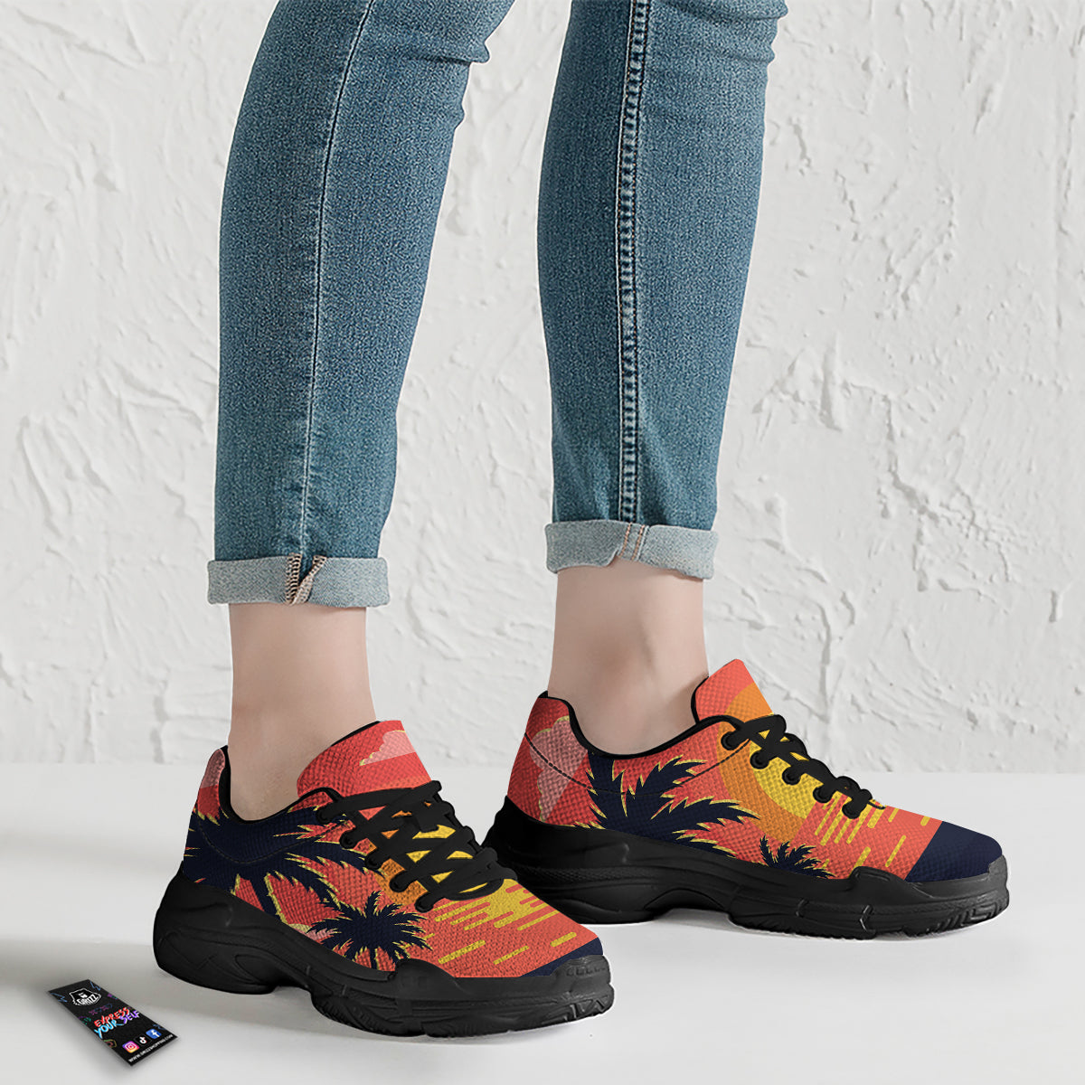 Sunset And Beach Pink Sky Print Black Chunky Shoes-grizzshop