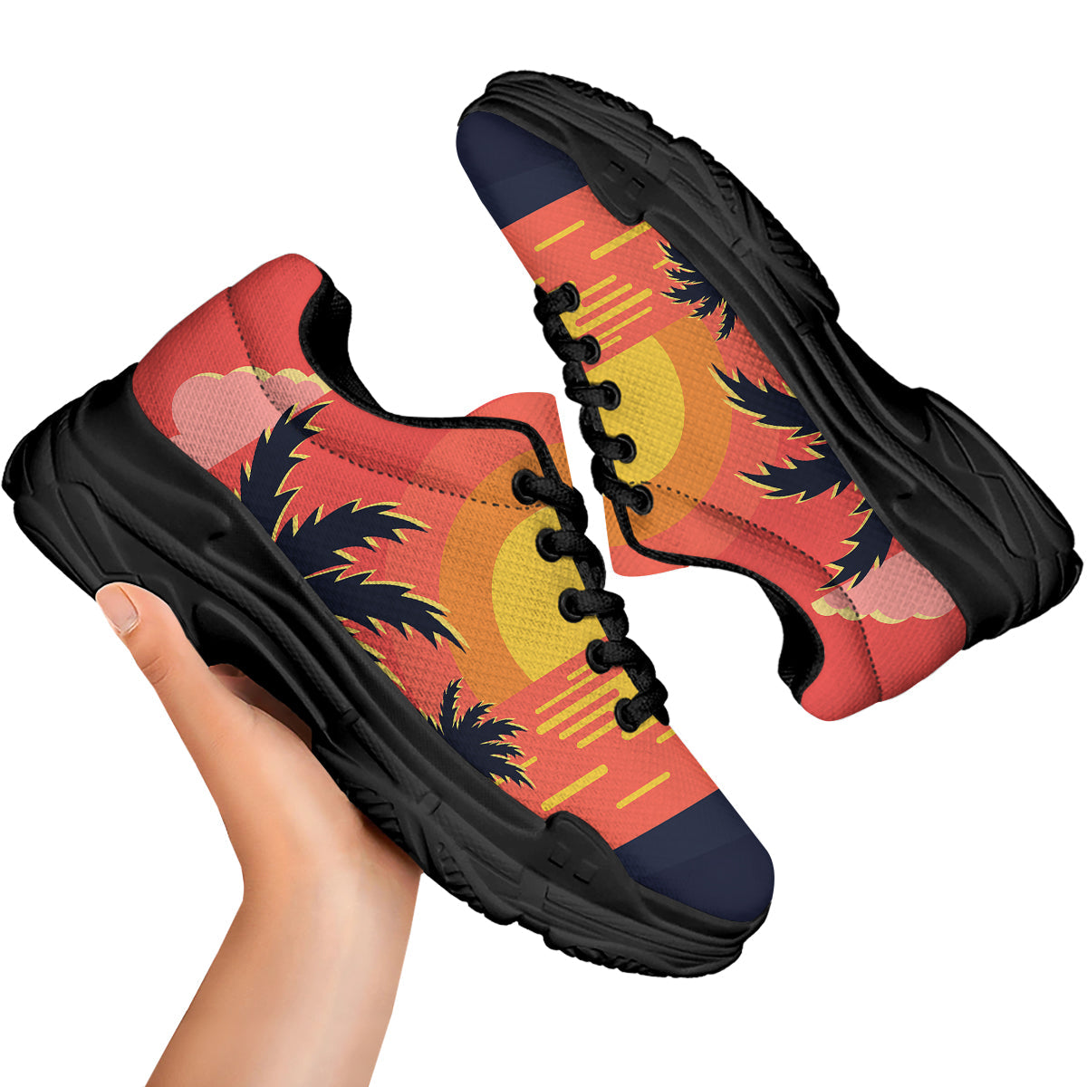 Sunset And Beach Pink Sky Print Black Chunky Shoes-grizzshop