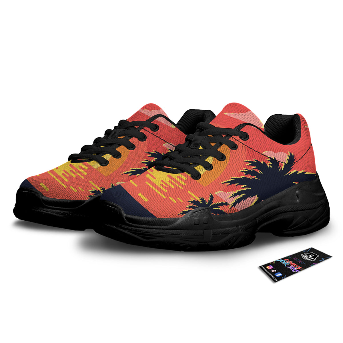 Sunset And Beach Pink Sky Print Black Chunky Shoes-grizzshop