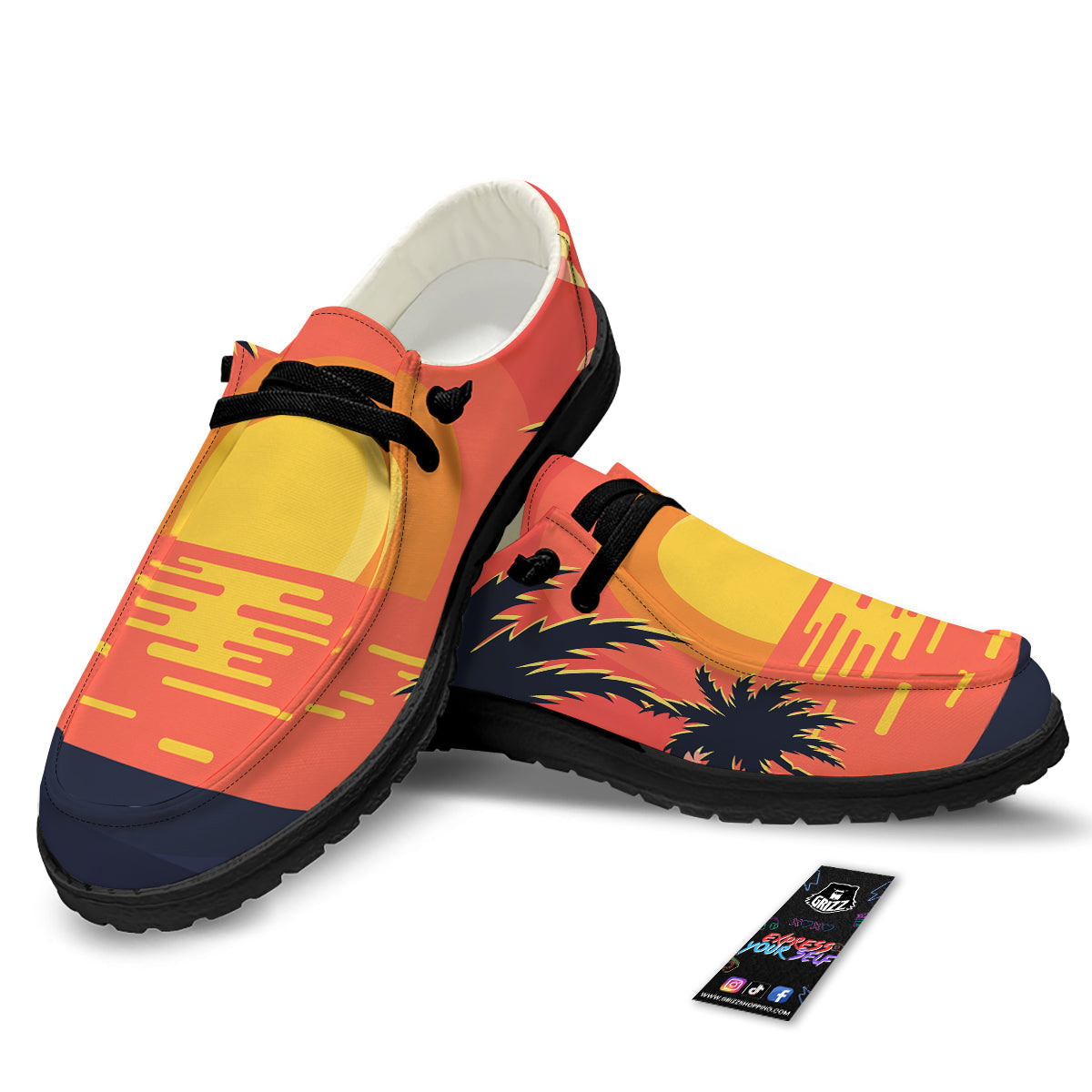 Sunset And Beach Pink Sky Print Black Loafers-grizzshop