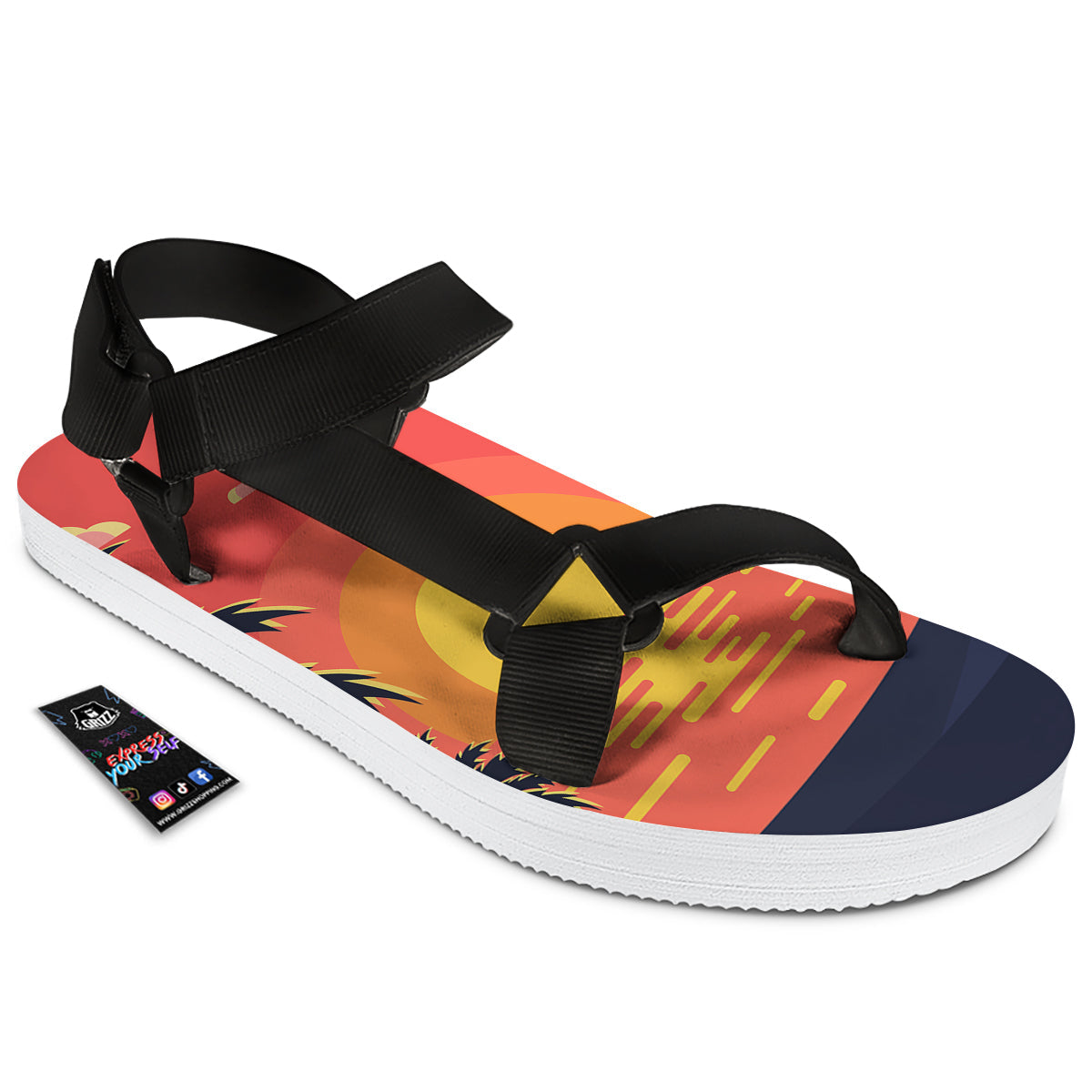 Sunset And Beach Pink Sky Print Black Open Toe Sandals-grizzshop