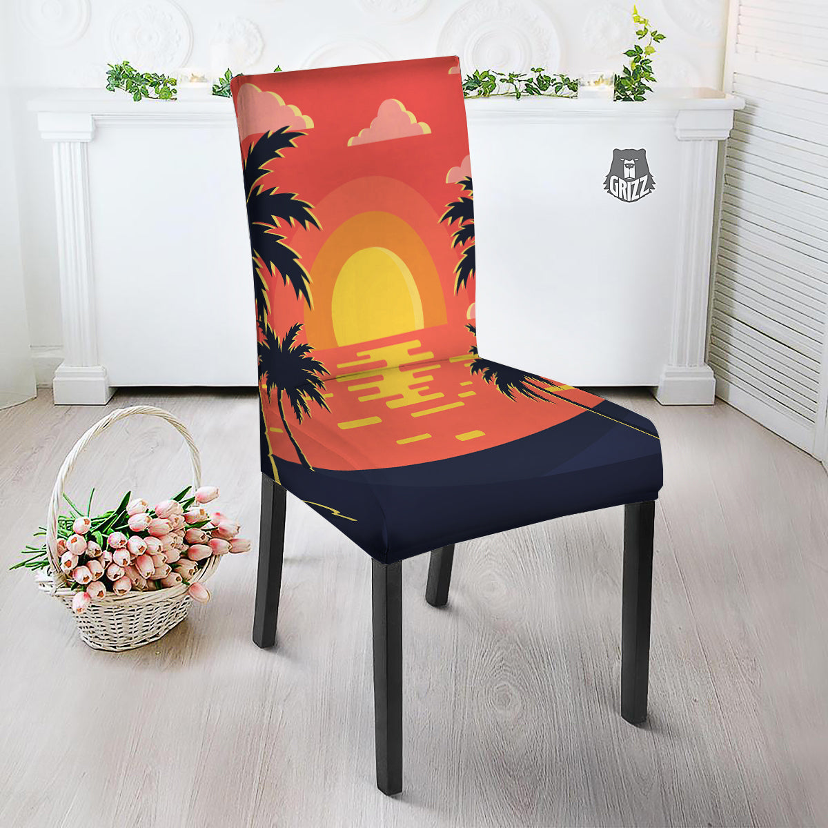 Sunset And Beach Pink Sky Print Dining Chair Slipcover-grizzshop