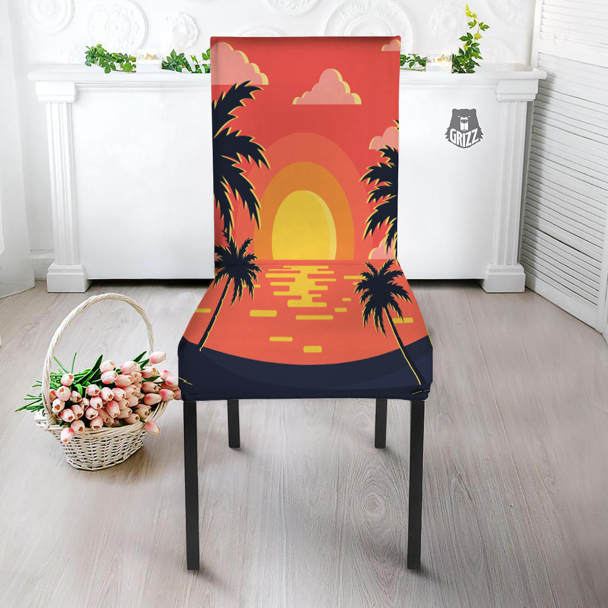 Sunset And Beach Pink Sky Print Dining Chair Slipcover-grizzshop