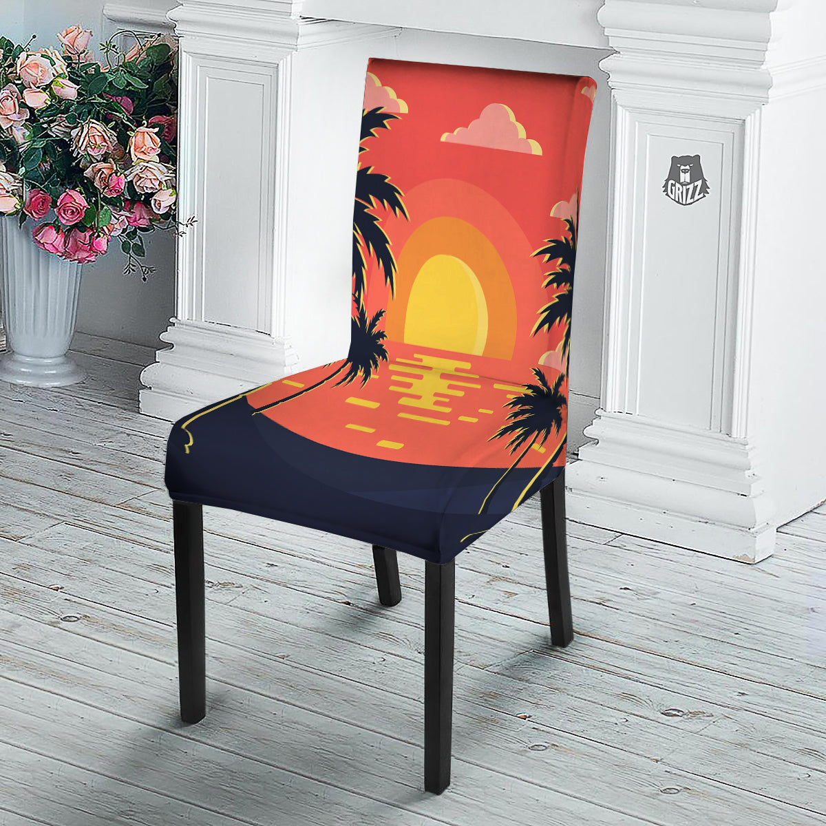 Sunset And Beach Pink Sky Print Dining Chair Slipcover-grizzshop