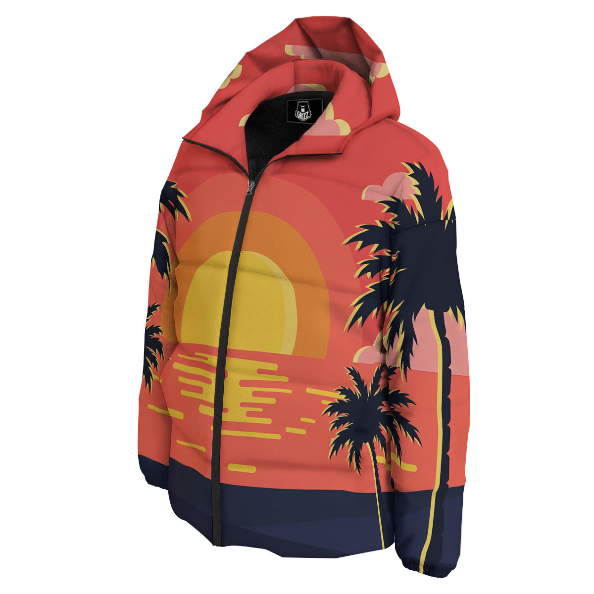 Sunset And Beach Pink Sky Print Down Jacket-grizzshop