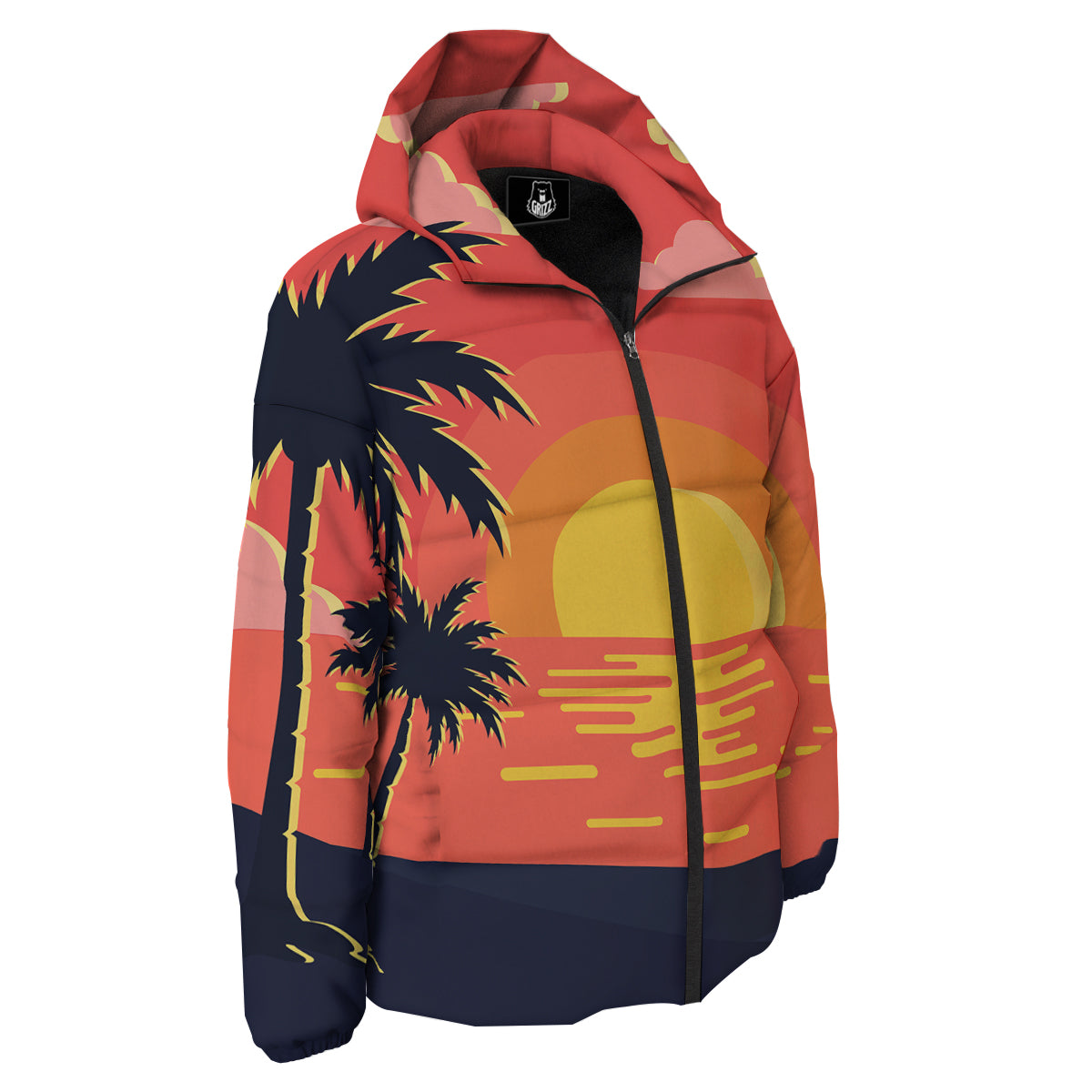 Sunset And Beach Pink Sky Print Down Jacket-grizzshop