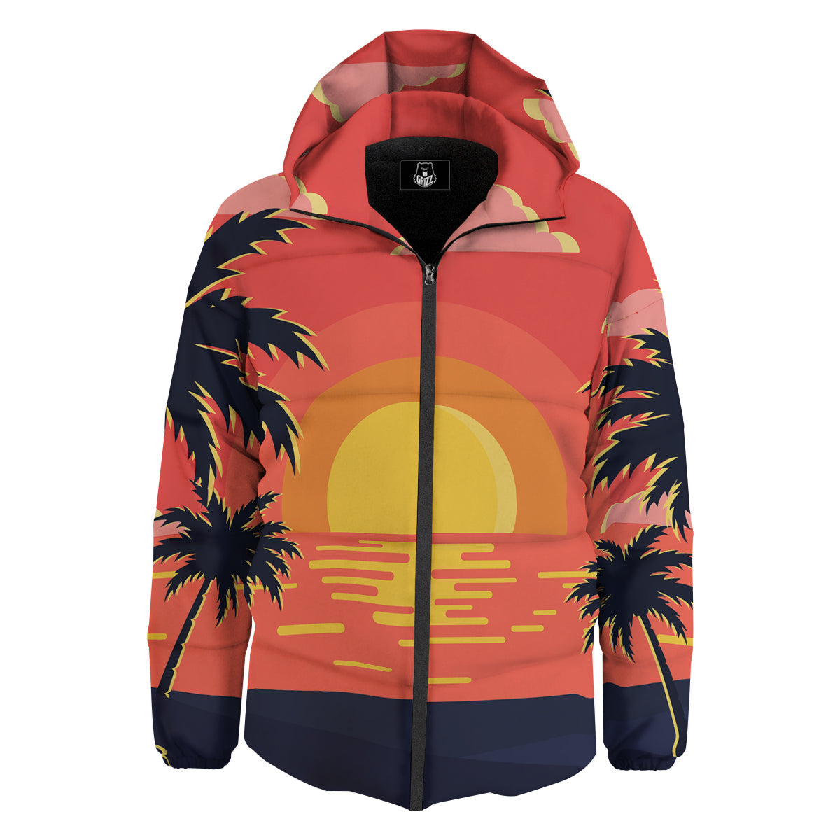 Sunset And Beach Pink Sky Print Down Jacket-grizzshop