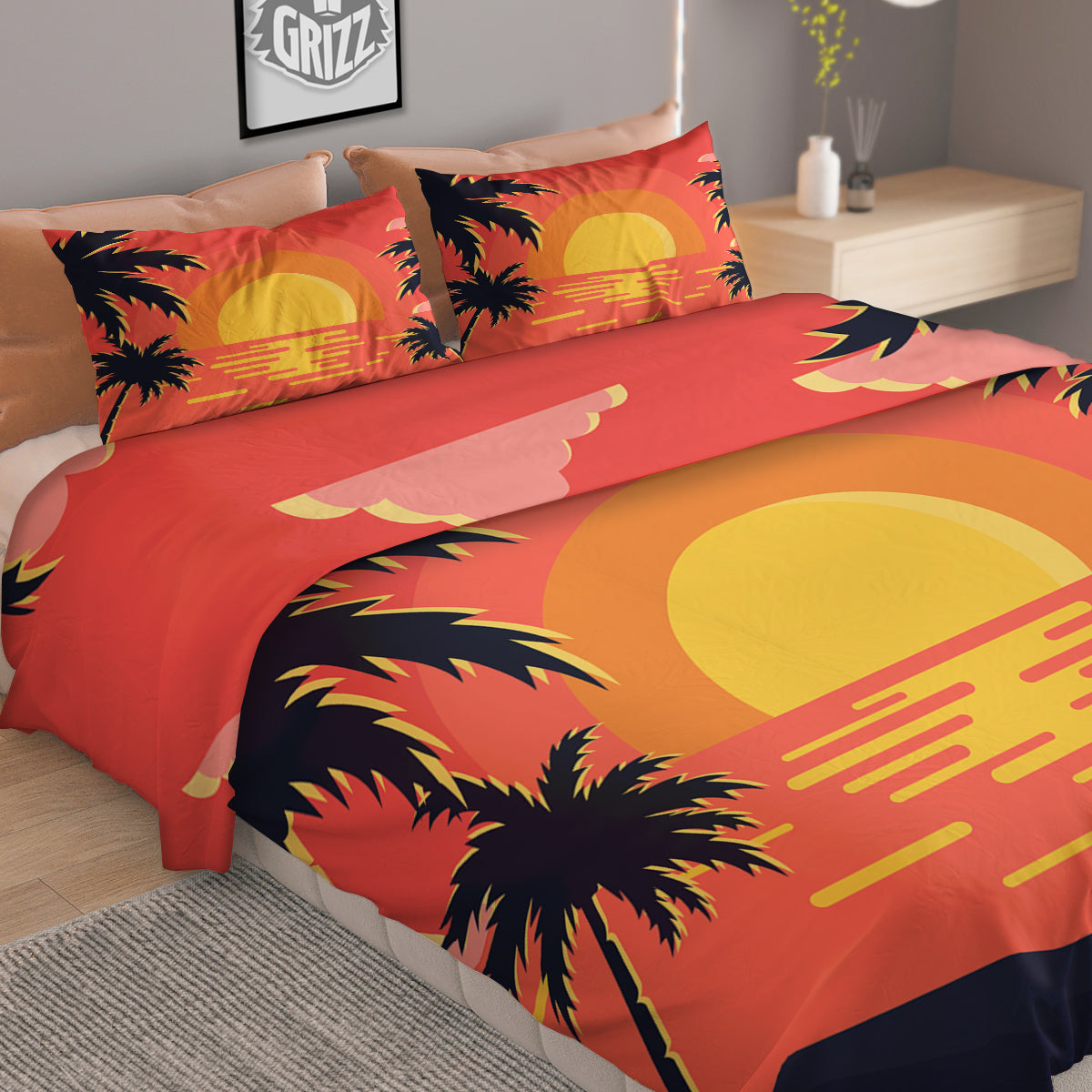 Sunset And Beach Pink Sky Print Duvet Cover Bedding Set
