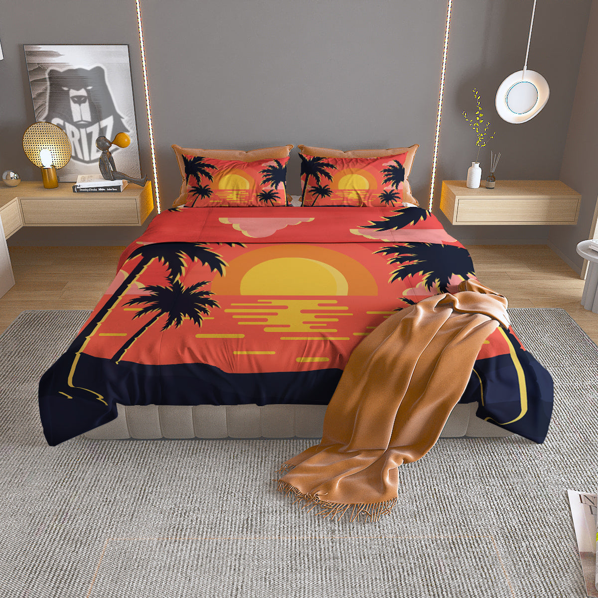 Sunset And Beach Pink Sky Print Duvet Cover Bedding Set