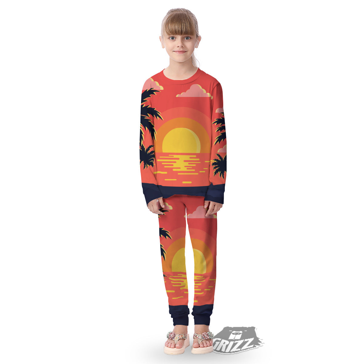Sunset And Beach Pink Sky Print Kid's Pajamas-grizzshop