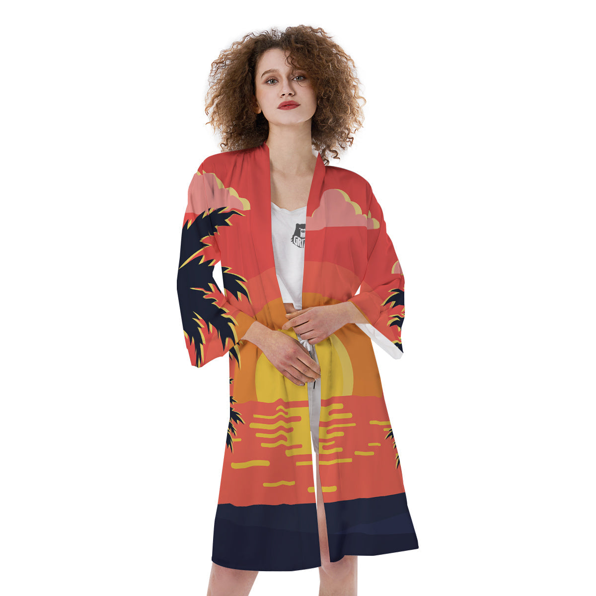 Sunset And Beach Pink Sky Print Kimono-grizzshop