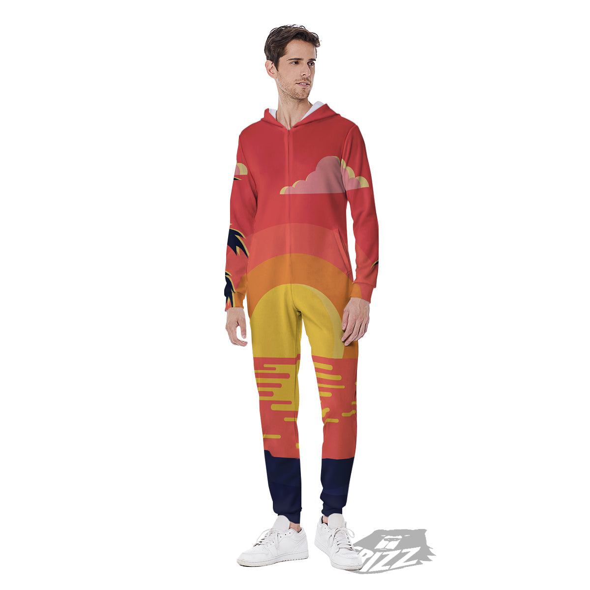 Sunset And Beach Pink Sky Print Men's Jumpsuit-grizzshop
