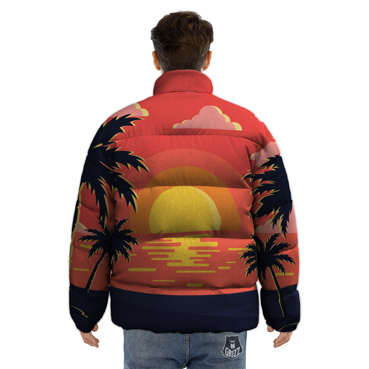Sunset And Beach Pink Sky Print Puffer Jacket-grizzshop
